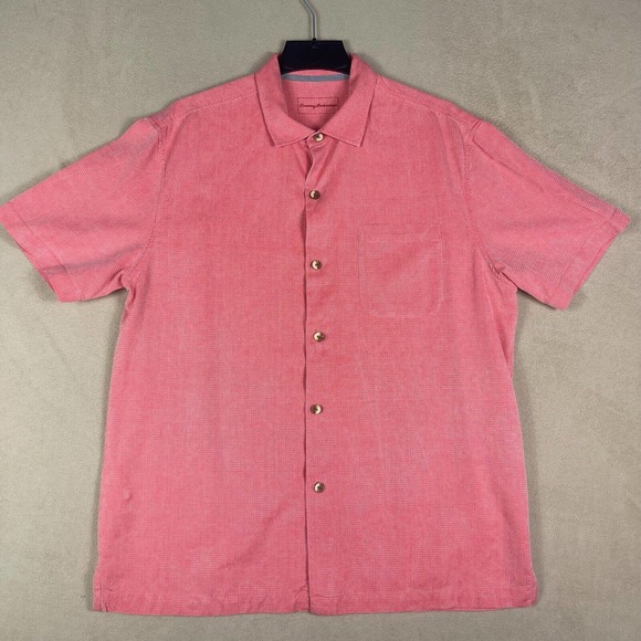 Tommy Bahama Mens L Short Sleeve Silk Shirt Pink Relaxed Fit‎ Pocket 100% Silk - Picture 1 of 12